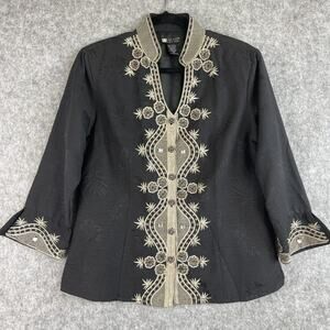 Carole Little Silk Jacket Womens XL Black Floral Embroidered Rhinestone Artsy